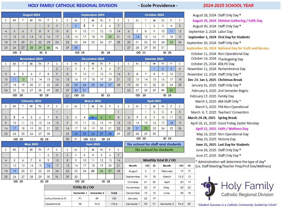 Ecole Providence 2024 2025 School Year Calendar Picture 1